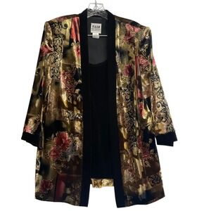 R&M Richards Women's 14 Velvet Open Front Jacket Floral Brocade Kimono Blazer